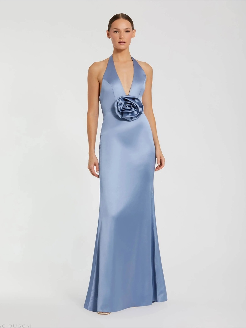 NWT Mac Duggal Slate Blue Satin Halter 3D Flower Backless Gown Sz 2